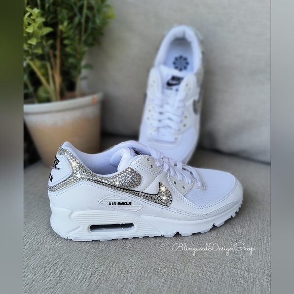 Women's Bling Nike Air Max 90 White Sneakers Shoes made with Swarovski Crystals - Picture 4 of 8
